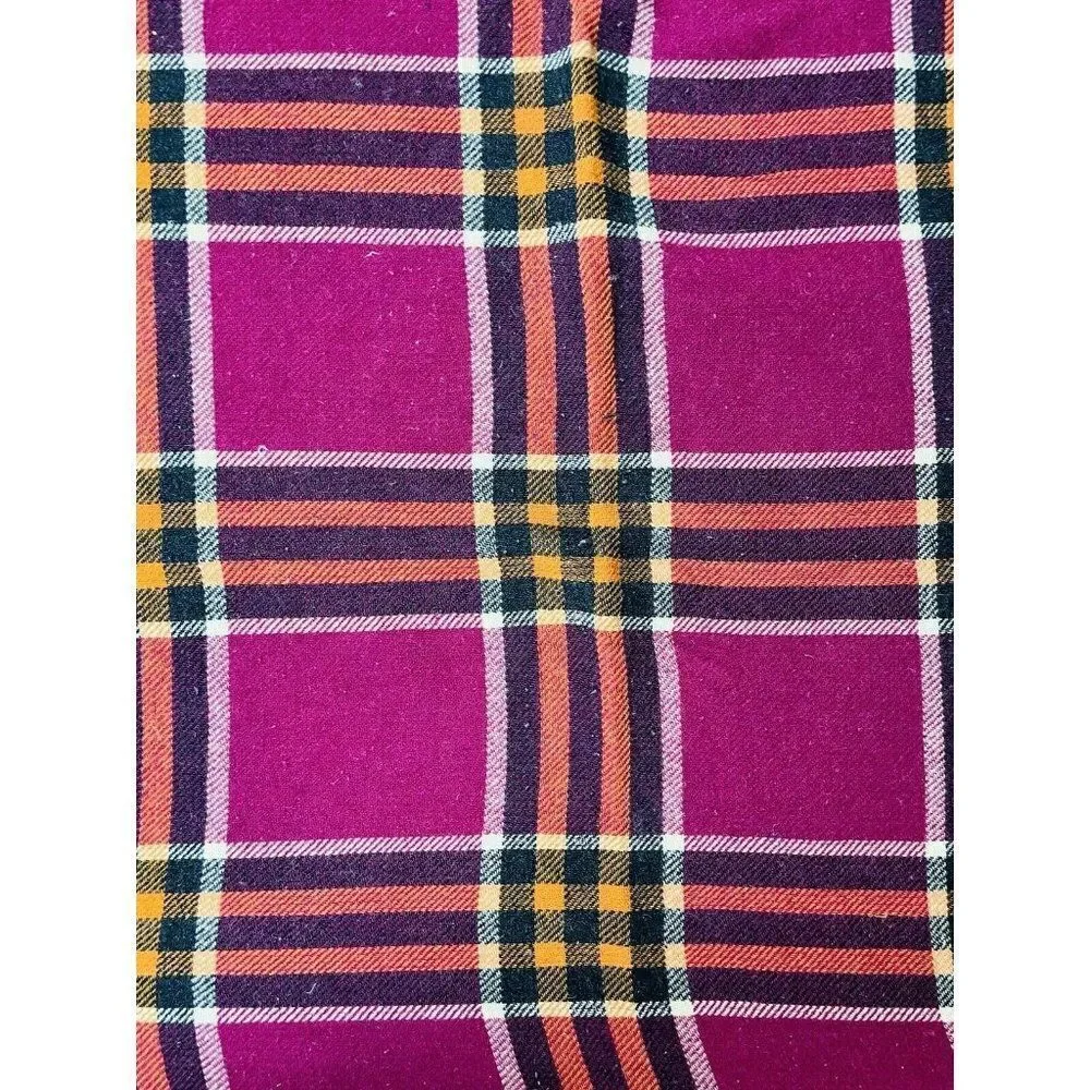 Vtg All Wool British Made Plaid Blanket 65 x 52 Reversible Purple Orange Grey